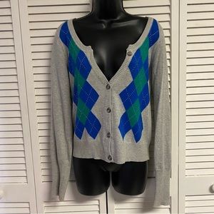 Aéropostale Gray Blue Green Argyle Button Up Sweater Cardigan Women’s Size LG